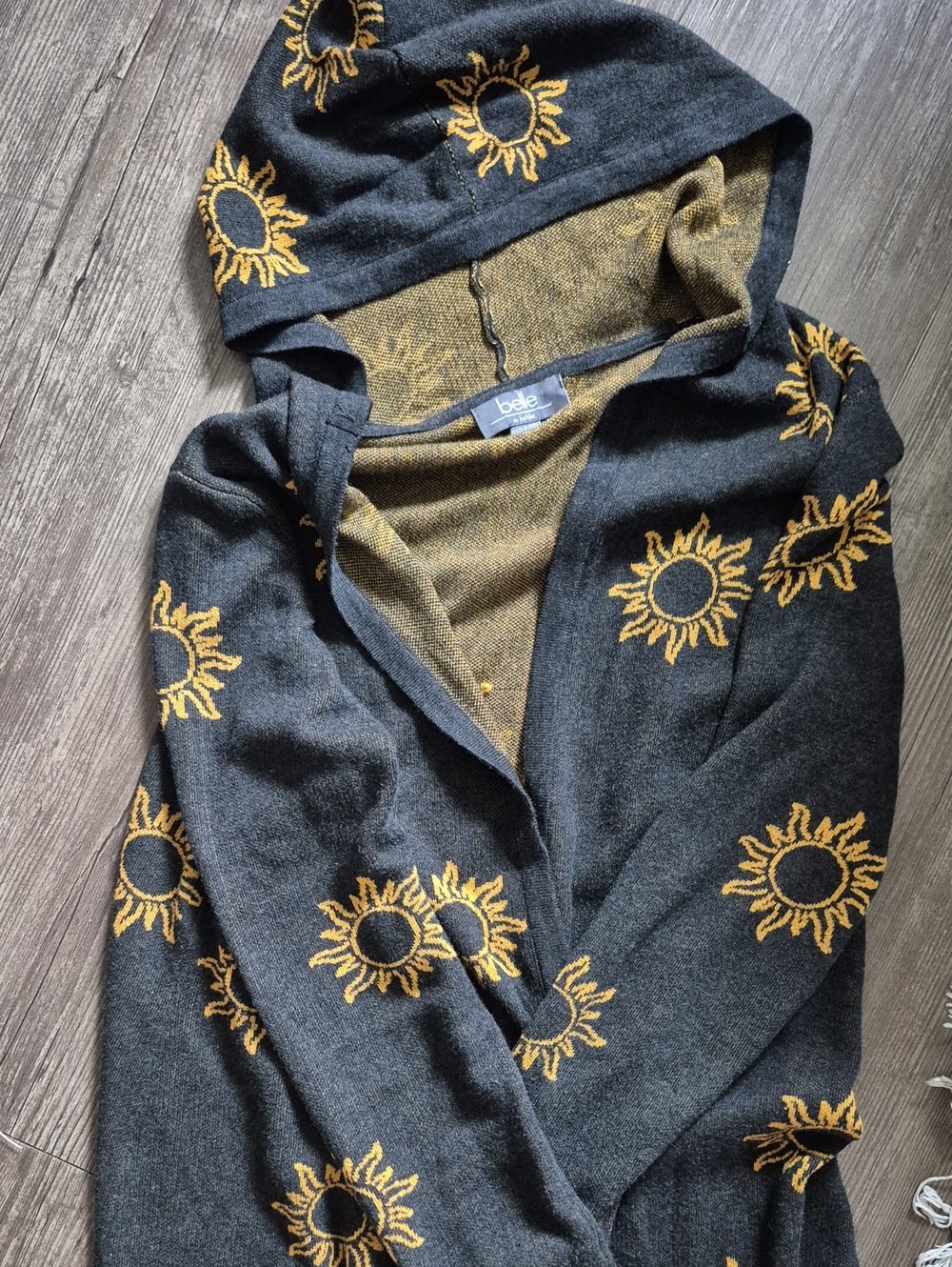 belle Hooded Sunflower Knit Cardigan - Charcoal & Mustard